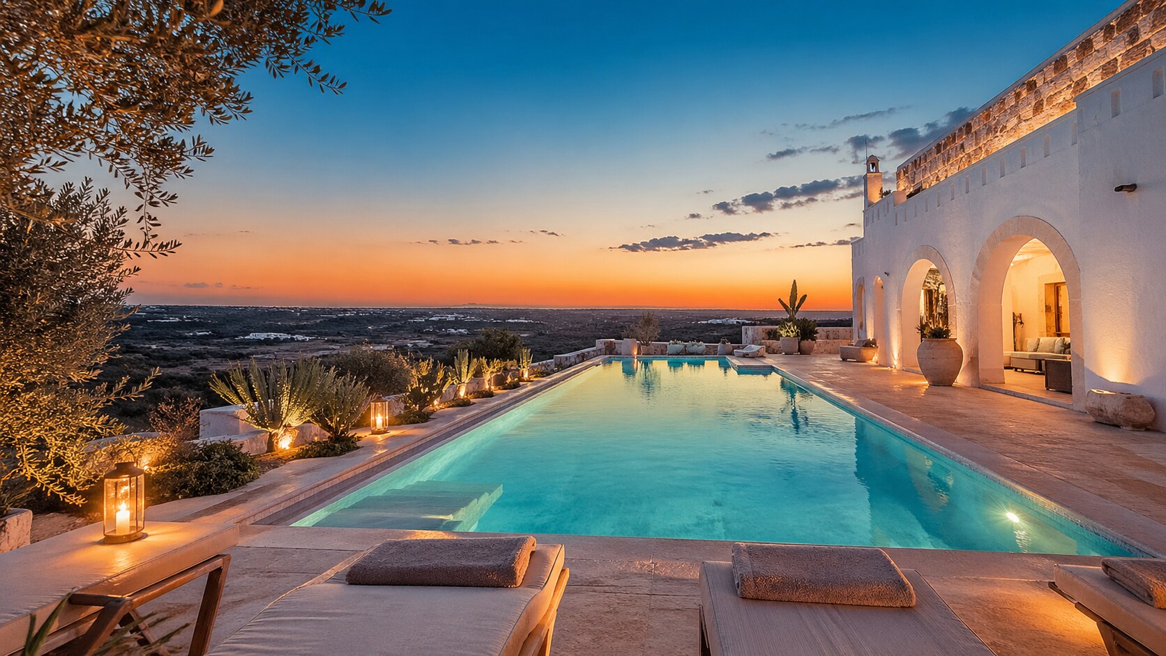 Piscina di lusso al tramonto per richiesta preventivo